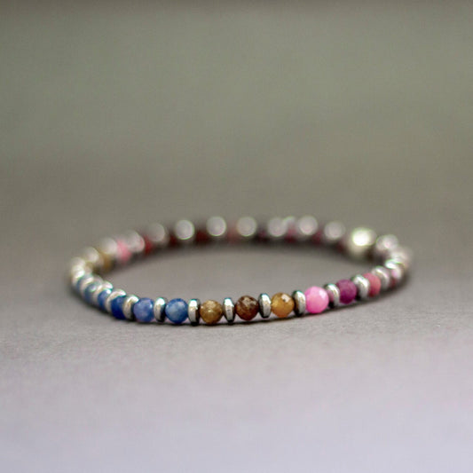 Multicolor Sapphire and Silver Hematite bracelet 4mm – Pulse Collection - Aquarius Stones