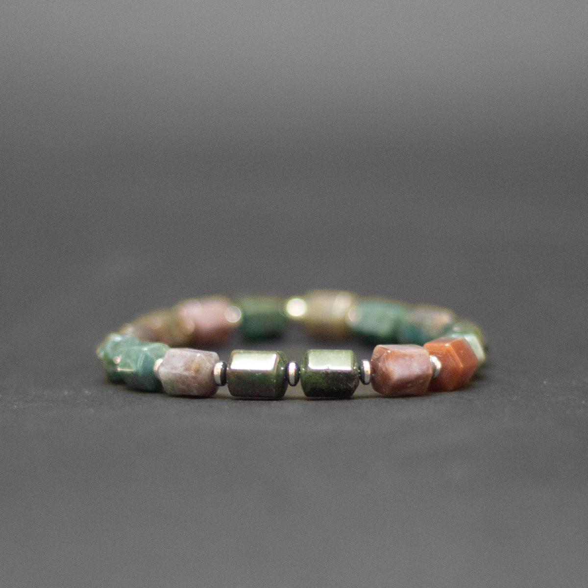 Moss Agate and Silver Hematite Bracelet 8mm – Hexa Earth Collection - Aquarius Stones