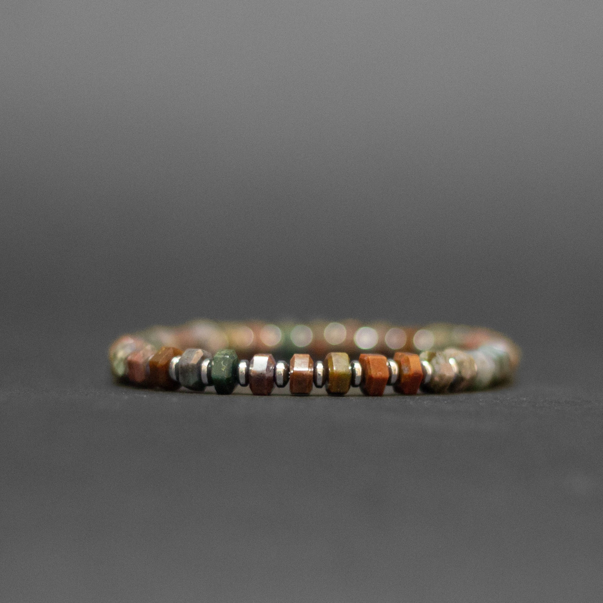 Moss Agate and Silver Hematite Bracelet 8mm (Slim) – Hexa Earth Collection - Aquarius Stones
