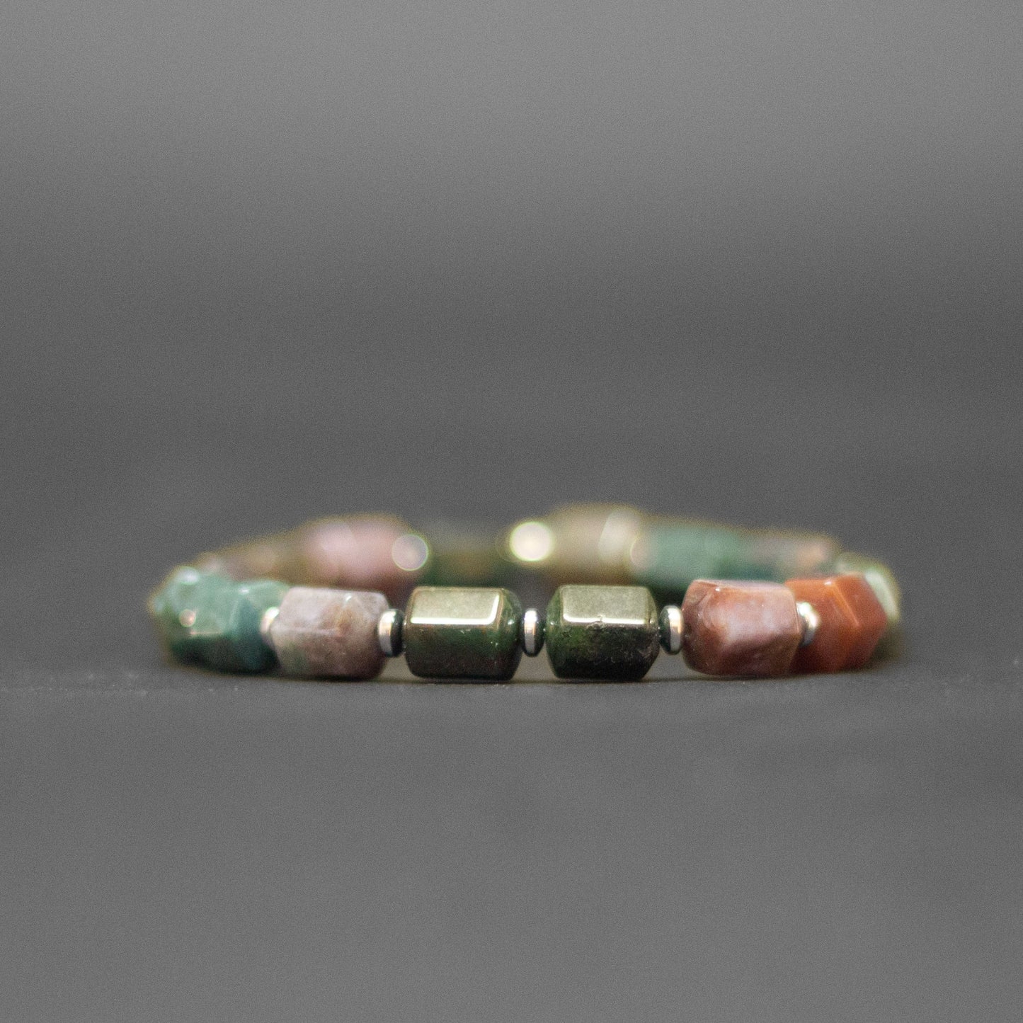 Moss Agate and Silver Hematite Bracelet 8mm – Hexa Earth Collection - Aquarius Stones